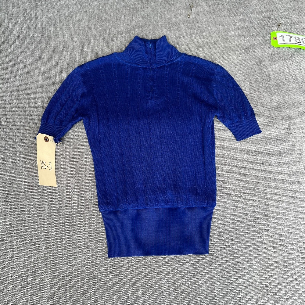 Womens Sweater XS/S Blue Cable Knit Slim Fit Short Sleeve Mock Neck Casual Chic